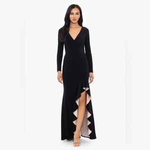 XSCAPE EVENINGS "TRUDY" LONG SLEEVE RUFFLE EVENING DRESS